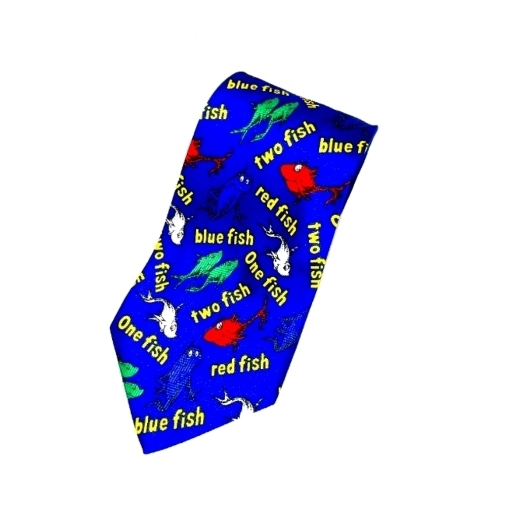 Dr. Seuss neck tie blue background red green white blue fish